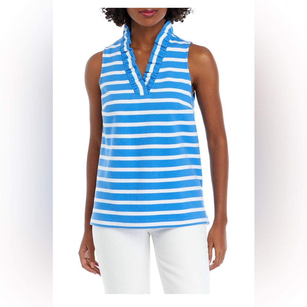 NWT Crown & Ivy Blue and White Ruffle Neck Top